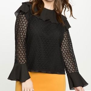 ELOQUII Black Lace Top w/ Ruffled cuffs Sz 16